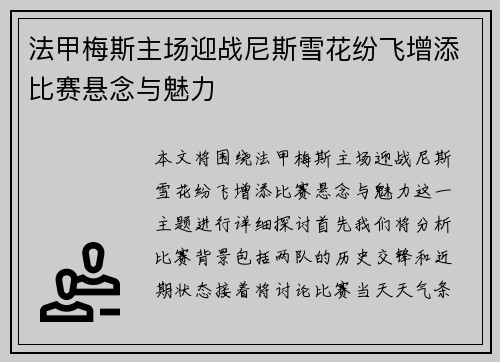 法甲梅斯主场迎战尼斯雪花纷飞增添比赛悬念与魅力